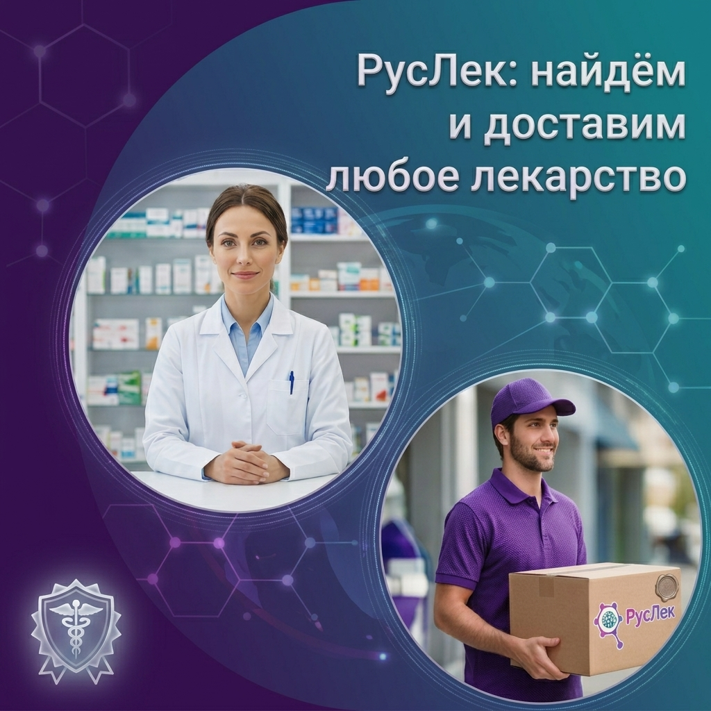 РусЛек: найдём и доставим любое лекарство. Фармацевт в аптеке и курьер с коробкой заказа