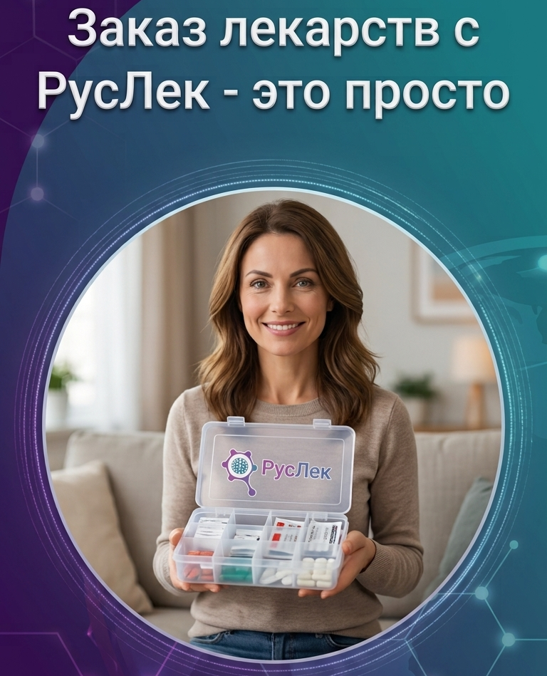 Заказ лекарств с РусЛек — это просто. Женщина держит органайзер для таблеток с логотипом РусЛек