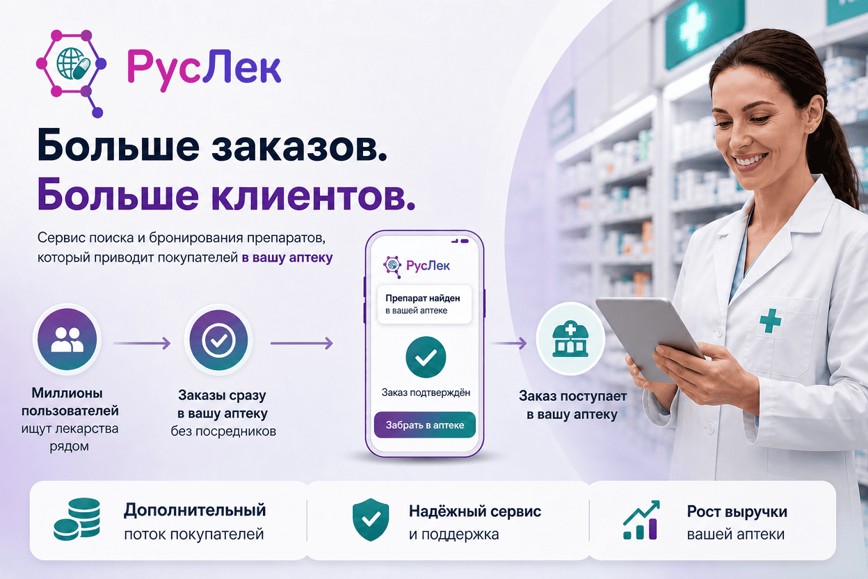 РусЛек — больше заказов и клиентов для аптечной сети: поиск, бронь и получение в вашей аптеке